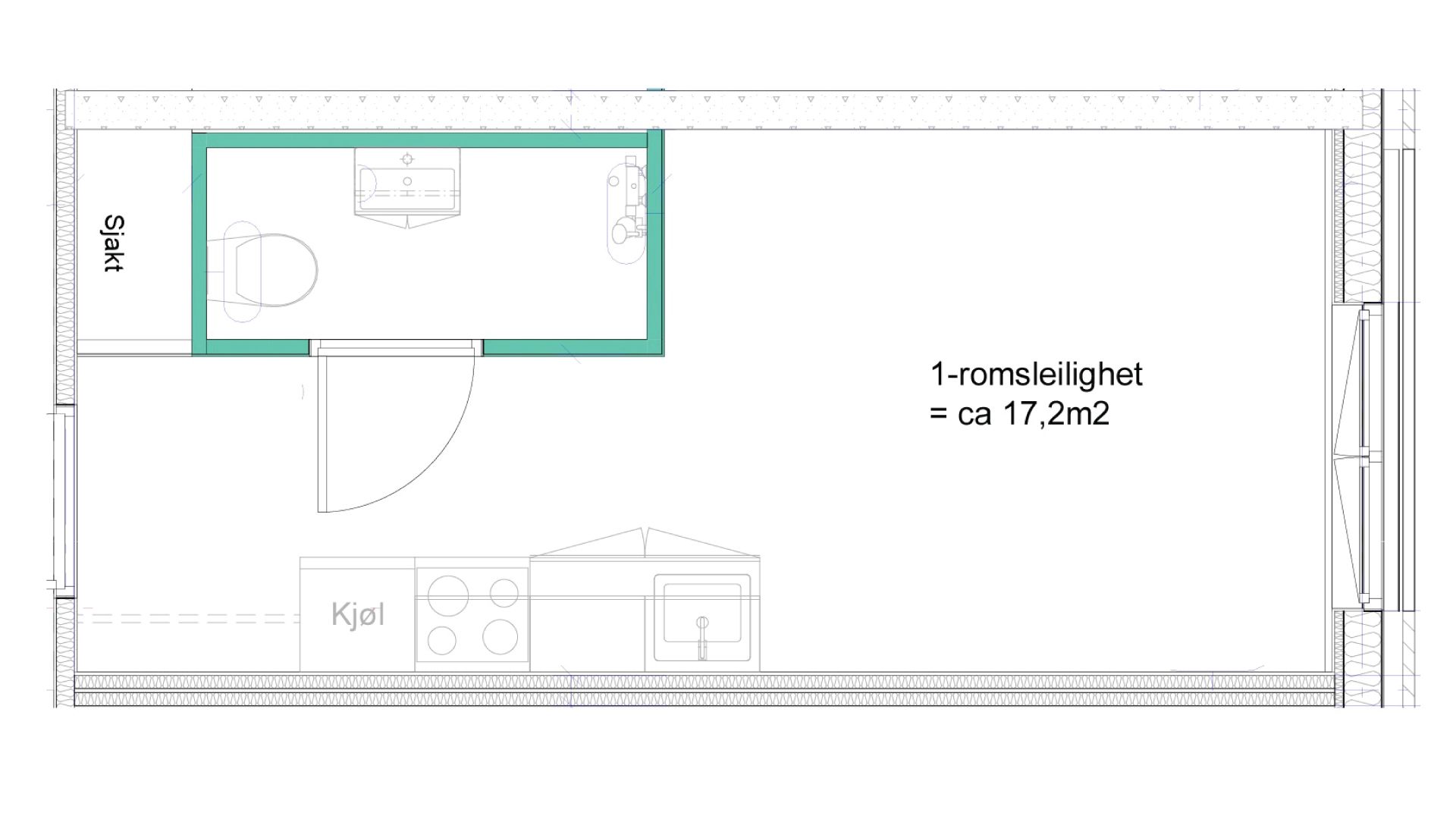 Graphic of floor plans for student housing – one-room apartment in Nydalen Student Village by SiO.