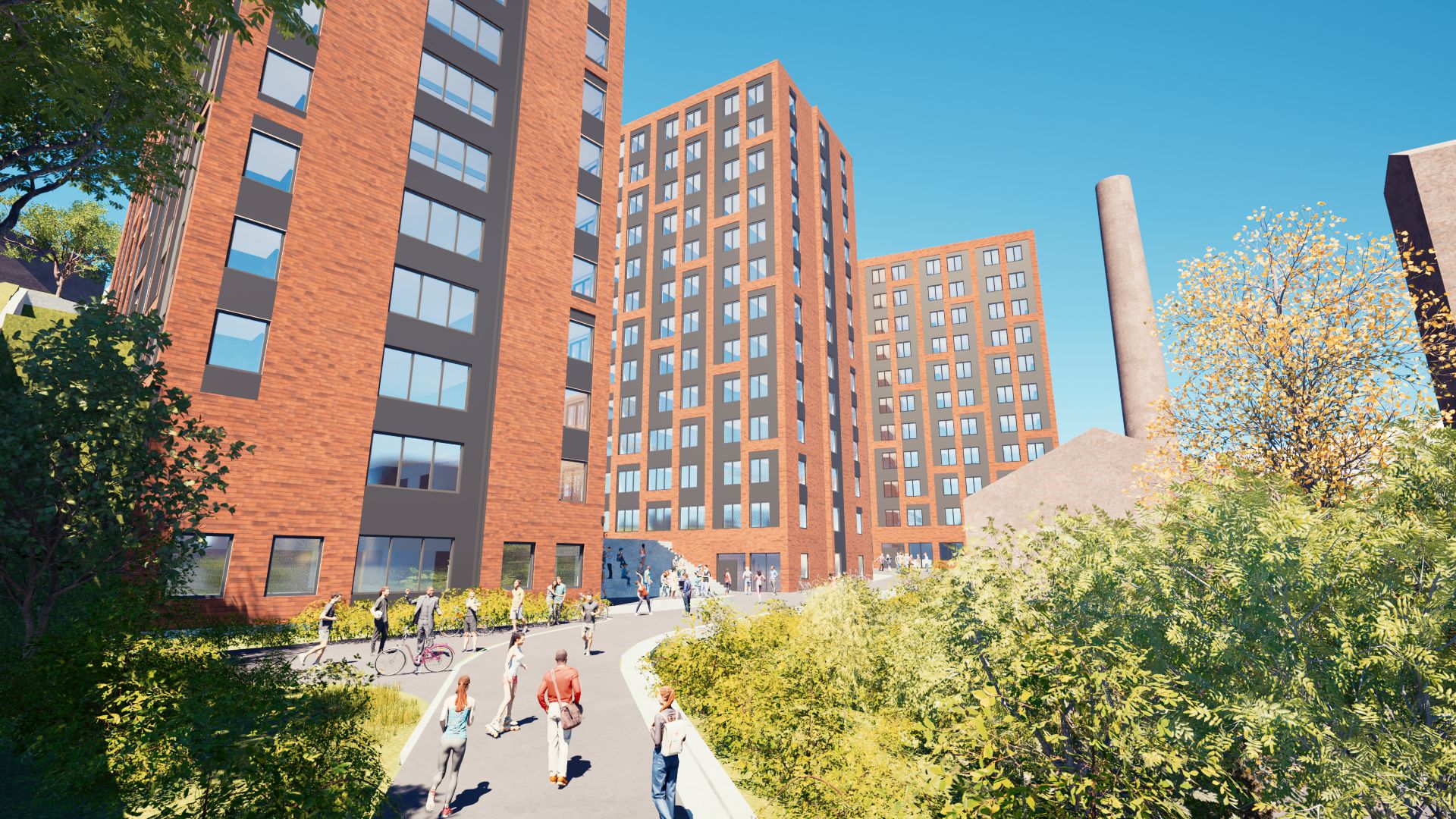 Illustration of three buildings with people and a green area.