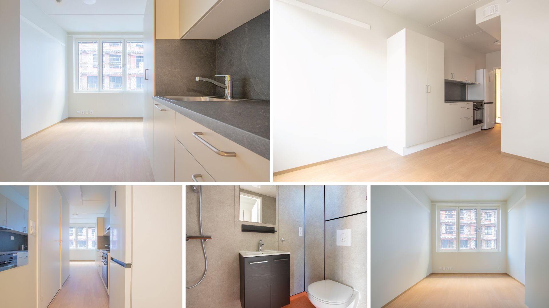 Five images combined, showing the bedroom, kitchen, and bathroom.