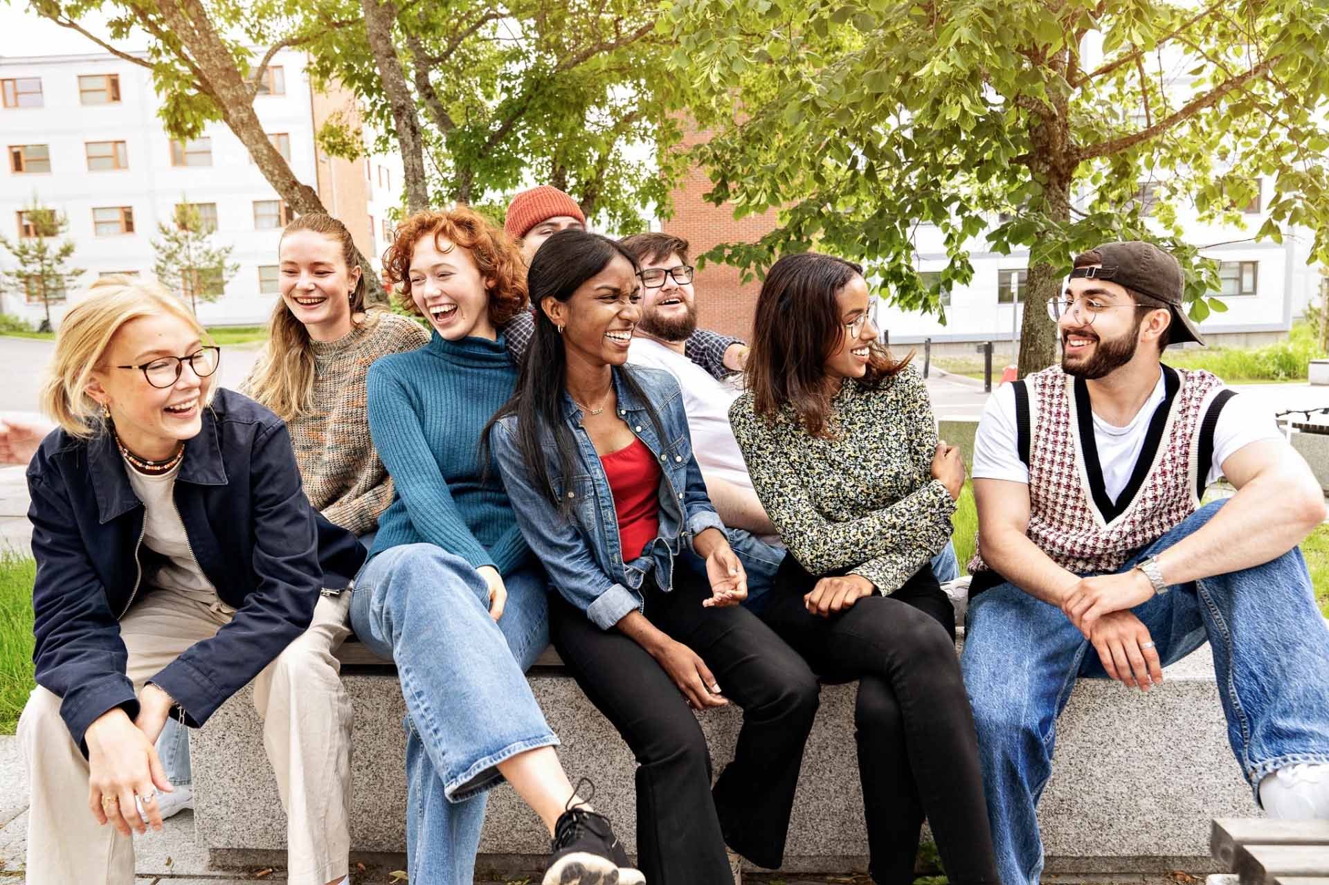Mange studenter sitter ute og smiler under to grønne trær.