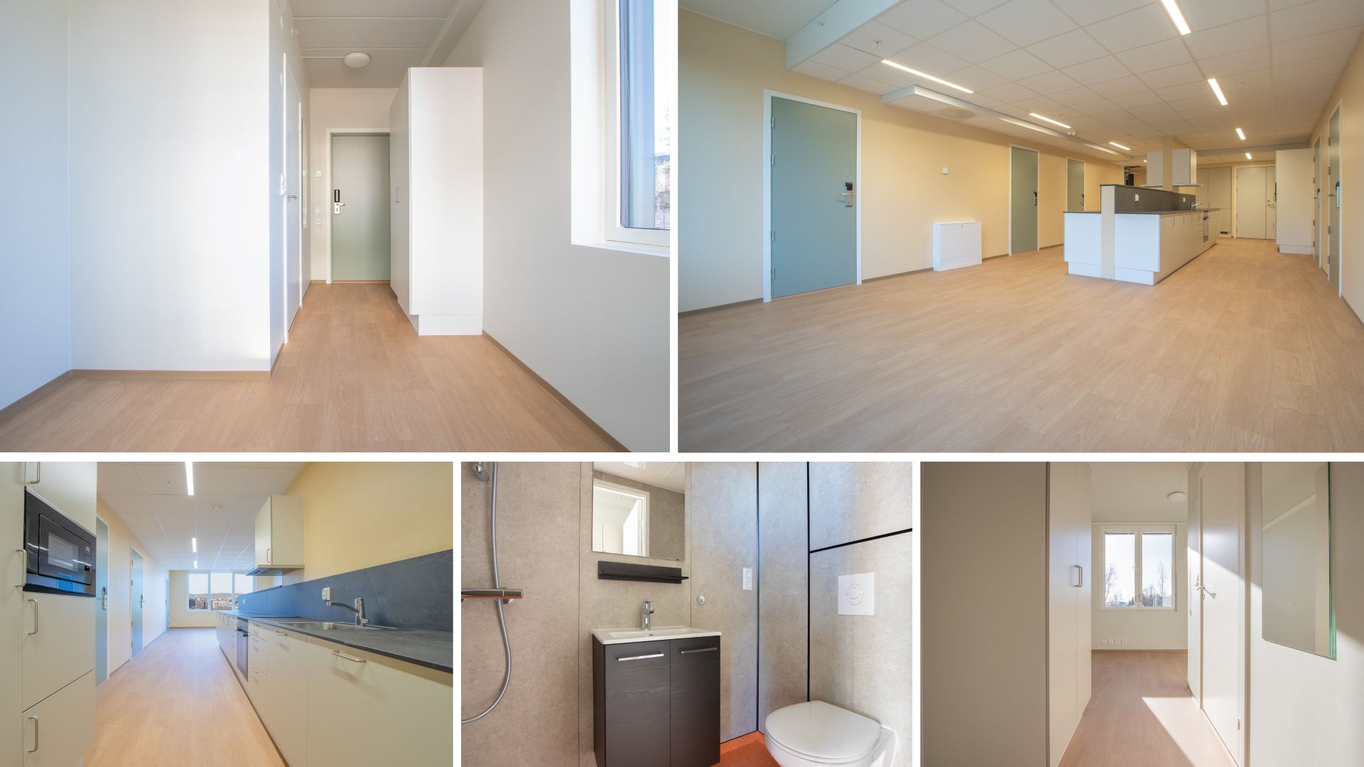 Five images combined, showing the bedroom, kitchen, social area, and bathroom.