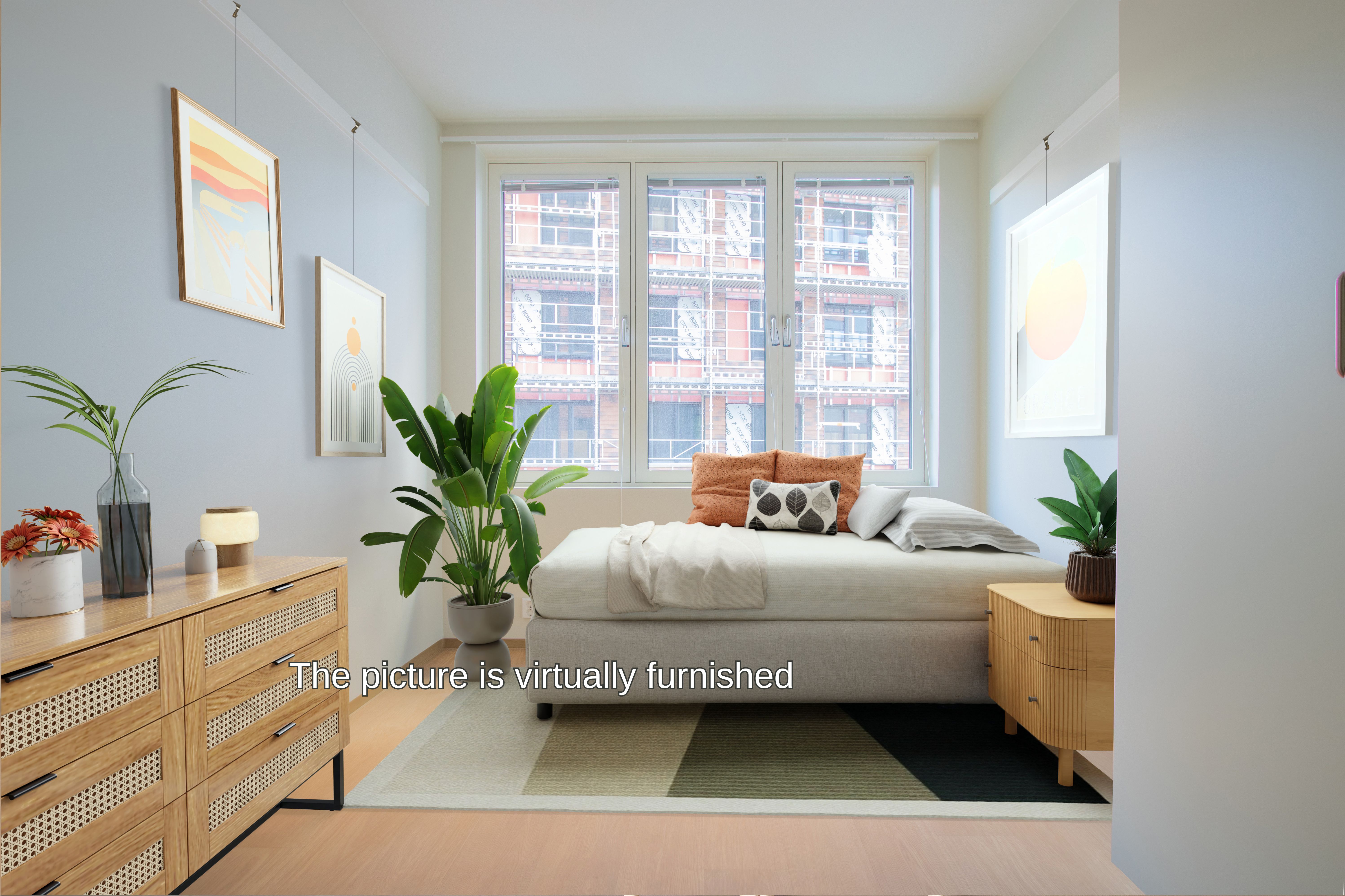 Photo of a bedroom digitally styled with a bed, dressers, and pictures.
