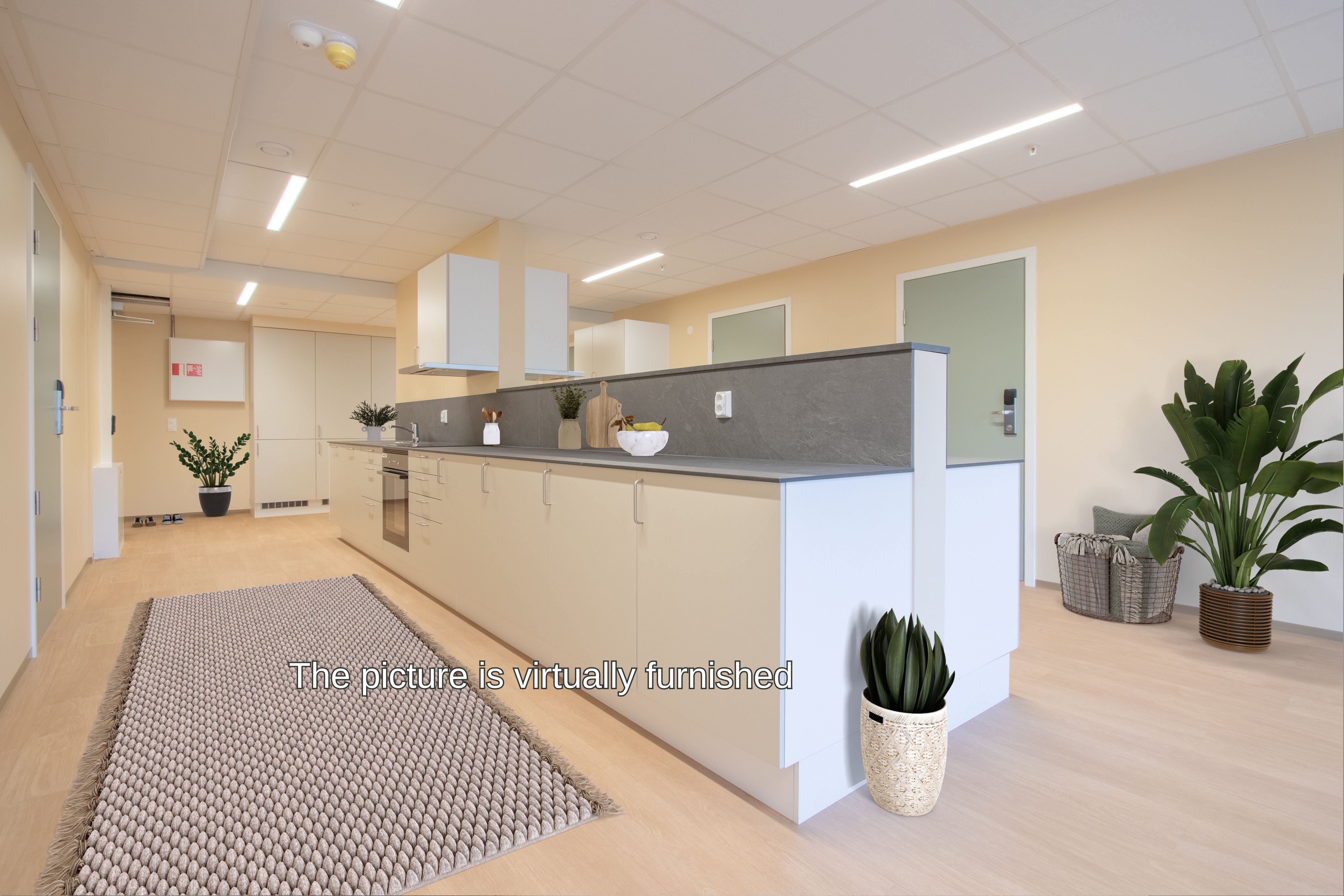 Photo of a kitchen and living area that is digitally styled.