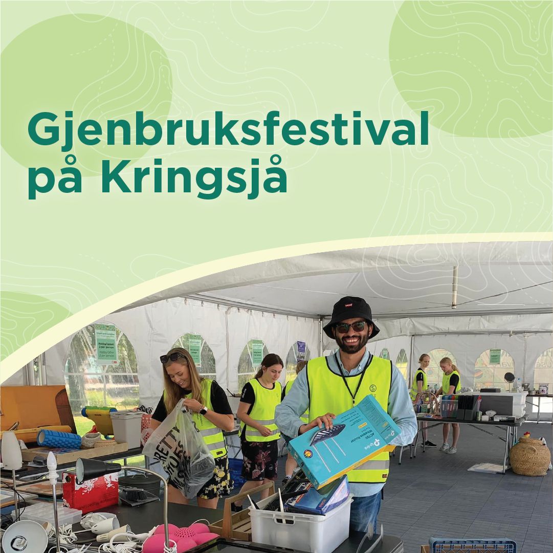 Photo of students in a tent sorting used items. Green graphic with text: The Reuse Festival at Kringsja
