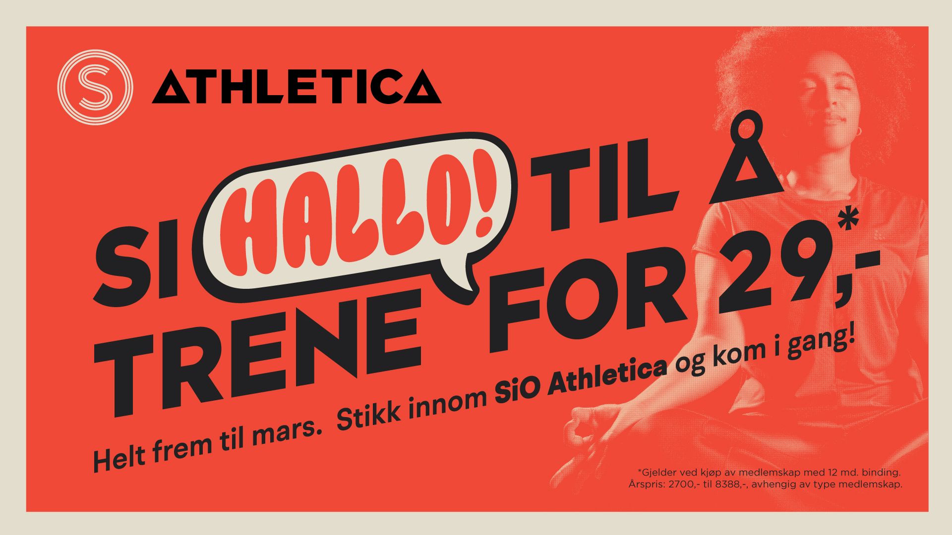 Rød grafikk med omriss av en kvinne, en snakkeboble som har skriften Hallo inni seg, og tilbud på trening til 29 kroner.