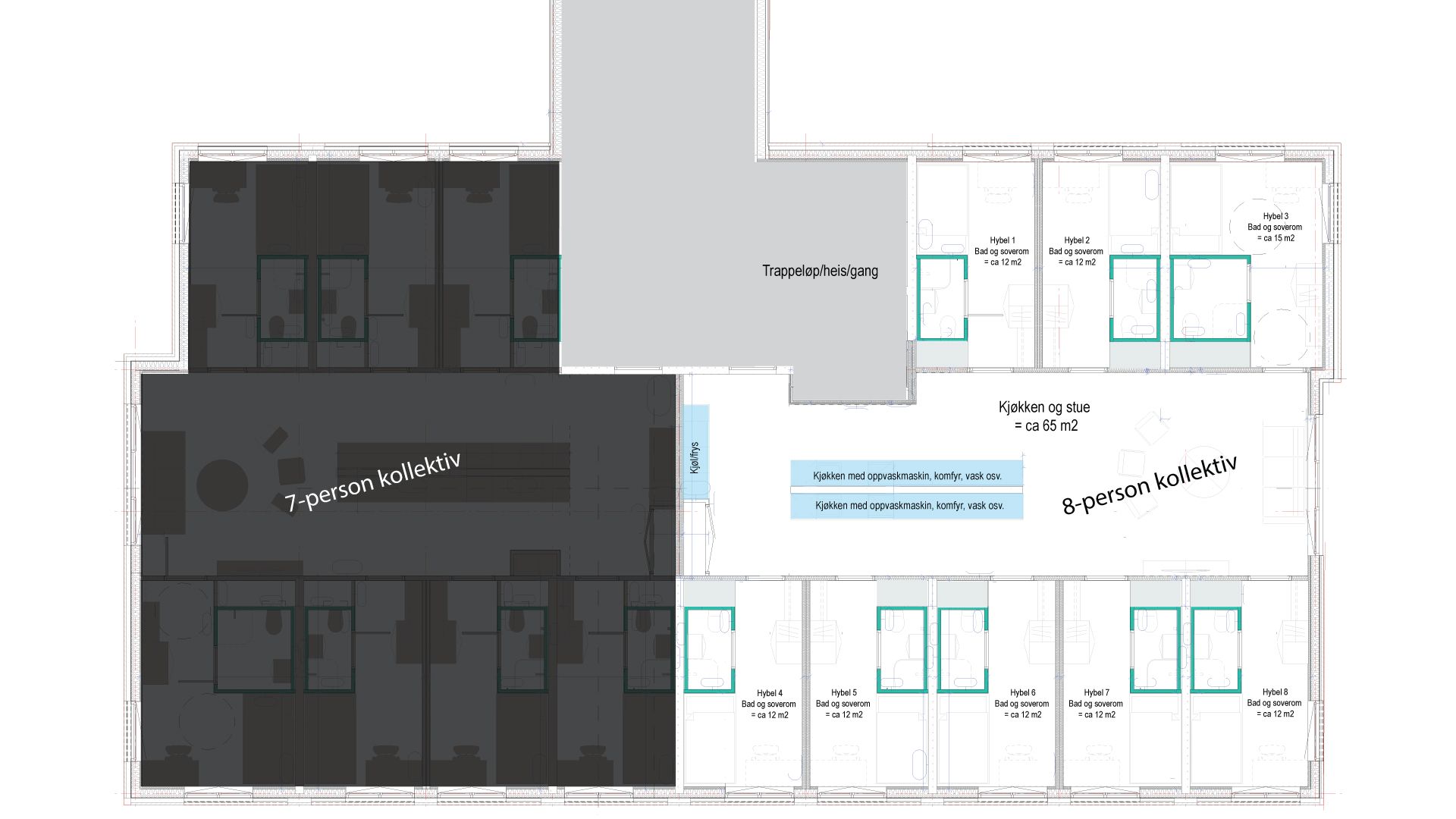 Graphic of floor plans for student housing – shared apartments in Nydalen Student Village by SiO.