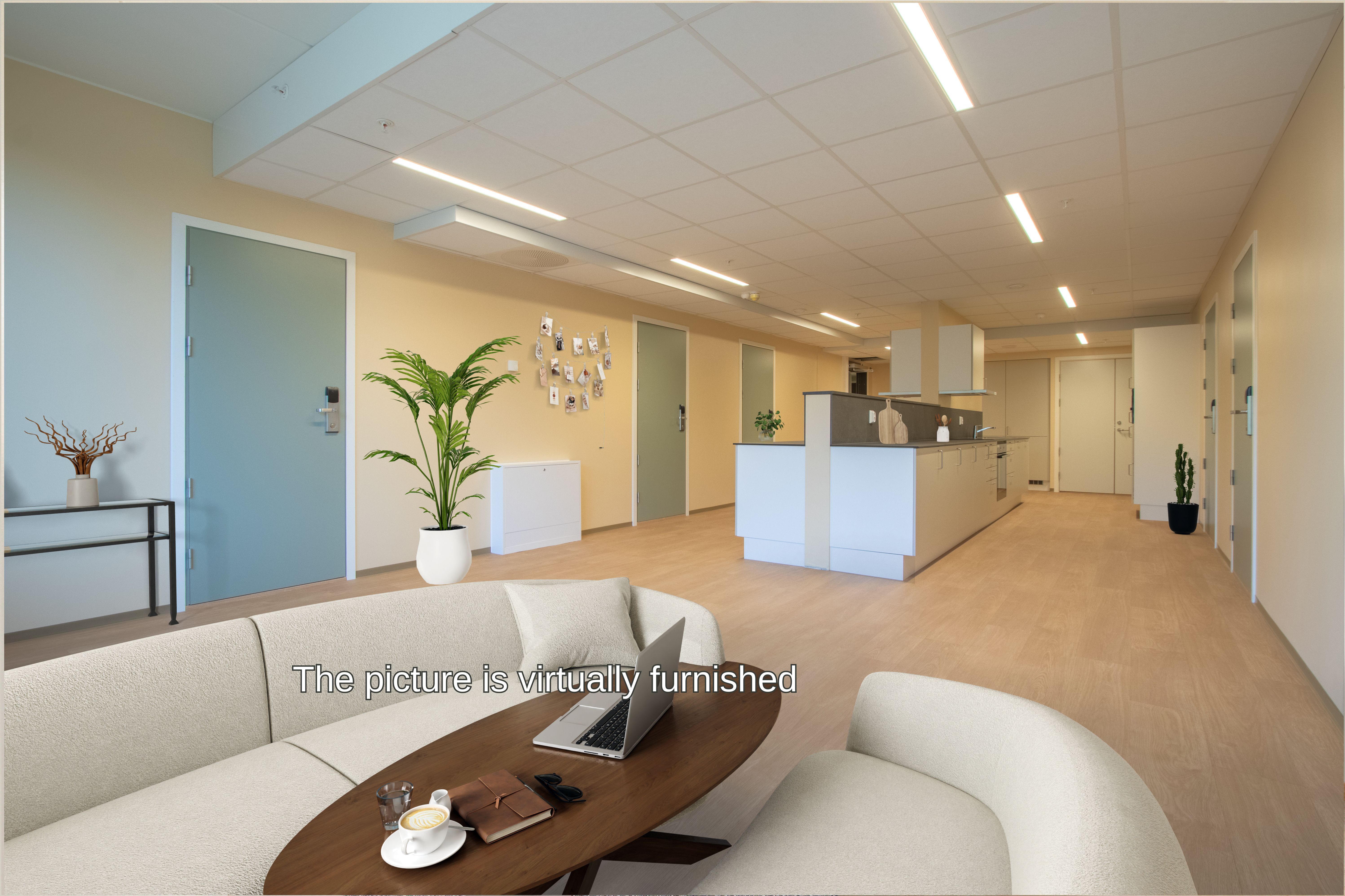 Photo of a kitchen and living area with a seating group, digitally styled.