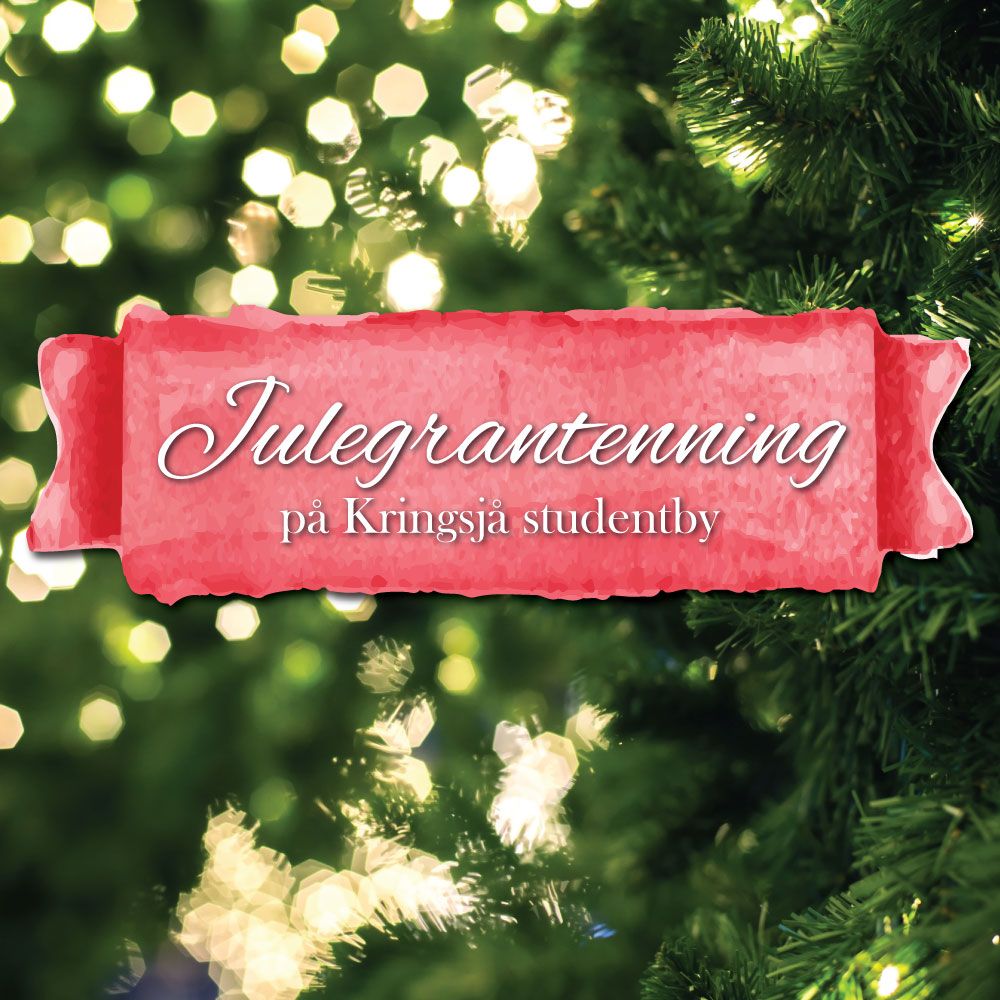 Photo of a pine tree with red graphics that say ‘Christmas Tree Lighting at Kringsjå Student Village.