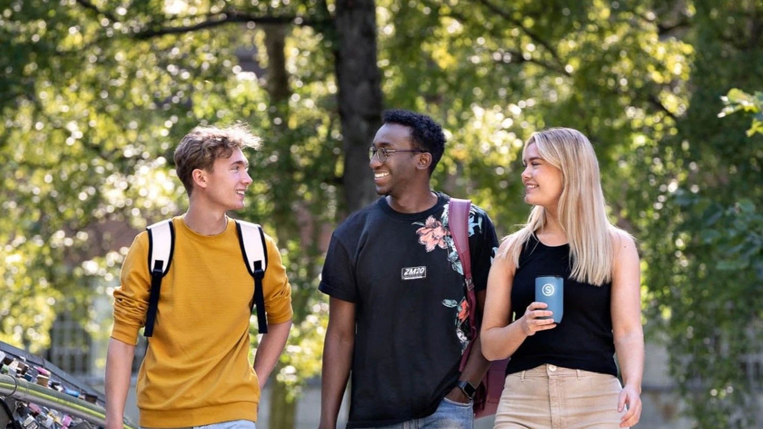 Tre glade studenter som gå på en bro ute i natur