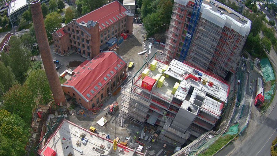 Dronebilde sett ovenfra av Gjerdrumsvei D, E og F, nye studentboliger i Nydalen studentby. Byggeplass..