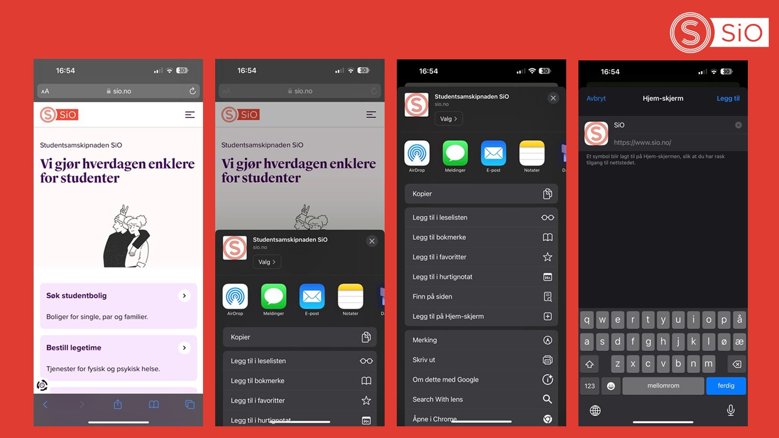 Fire skjermbilder som beskriver hvordan du kan legge til SiO som bokmerke på iPhone.