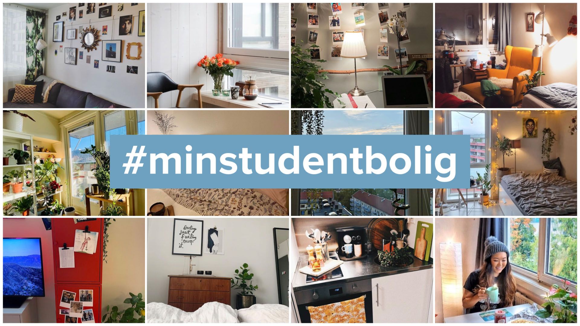 Mange fotografier av studentboliger satt sammen til ett bilde med skriften #minstudentbolig