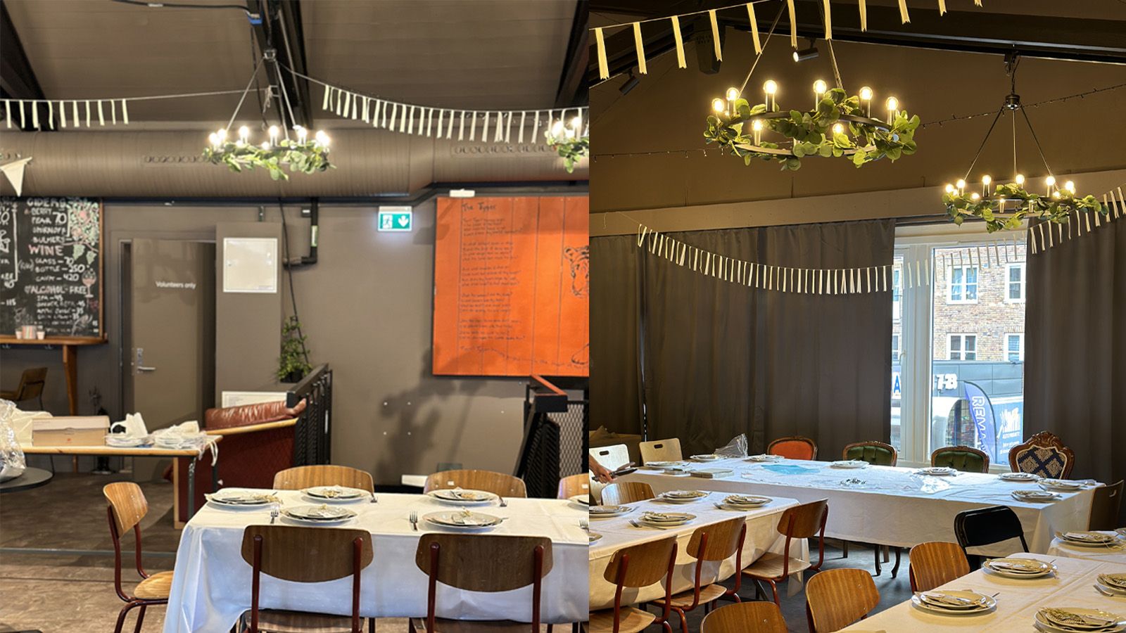 Fotocollage med to bilder av et lokale med bodt, stoler, lys og tavle.