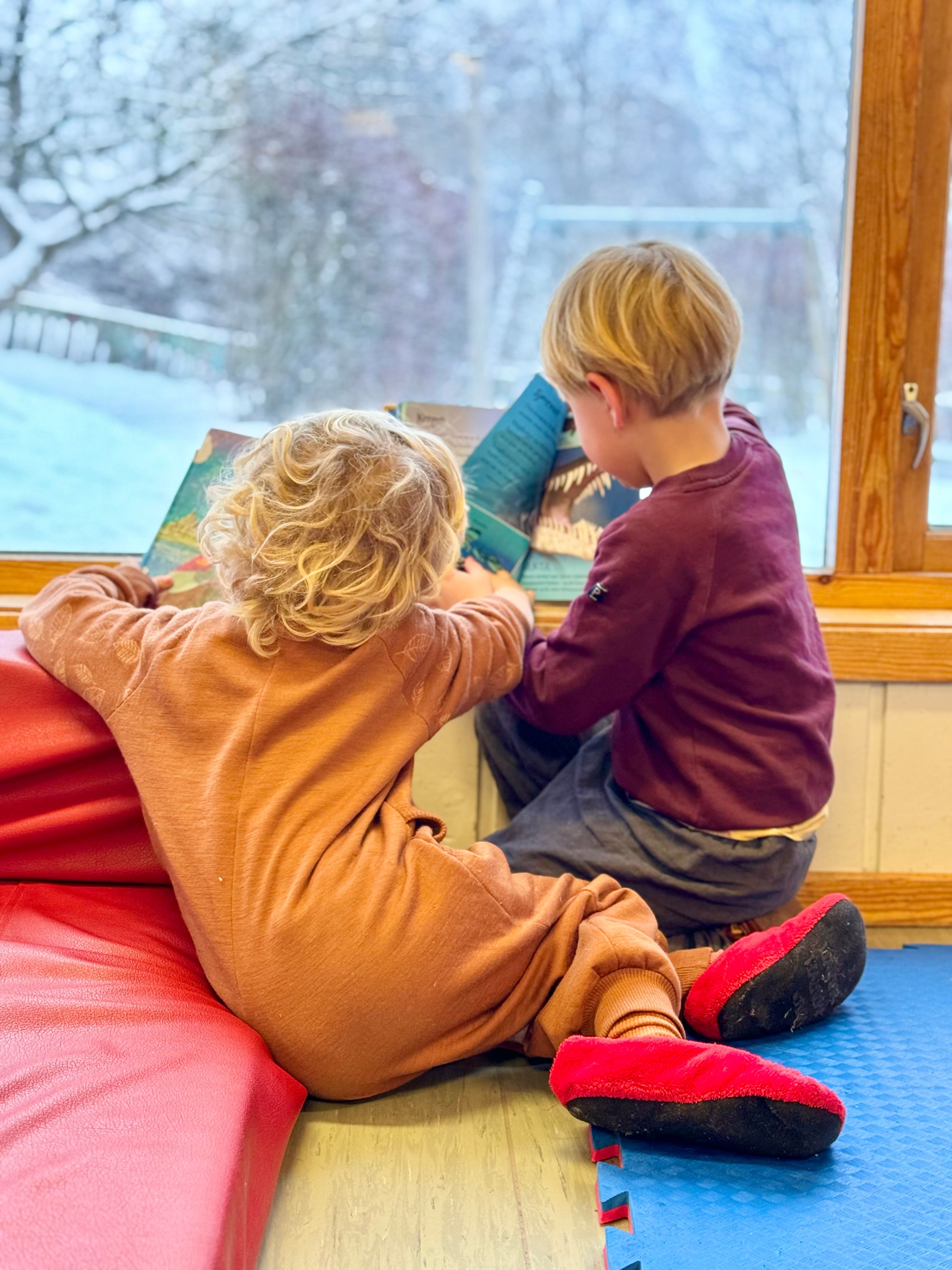 To barn som leser bok om dinosaurer ved et vindu