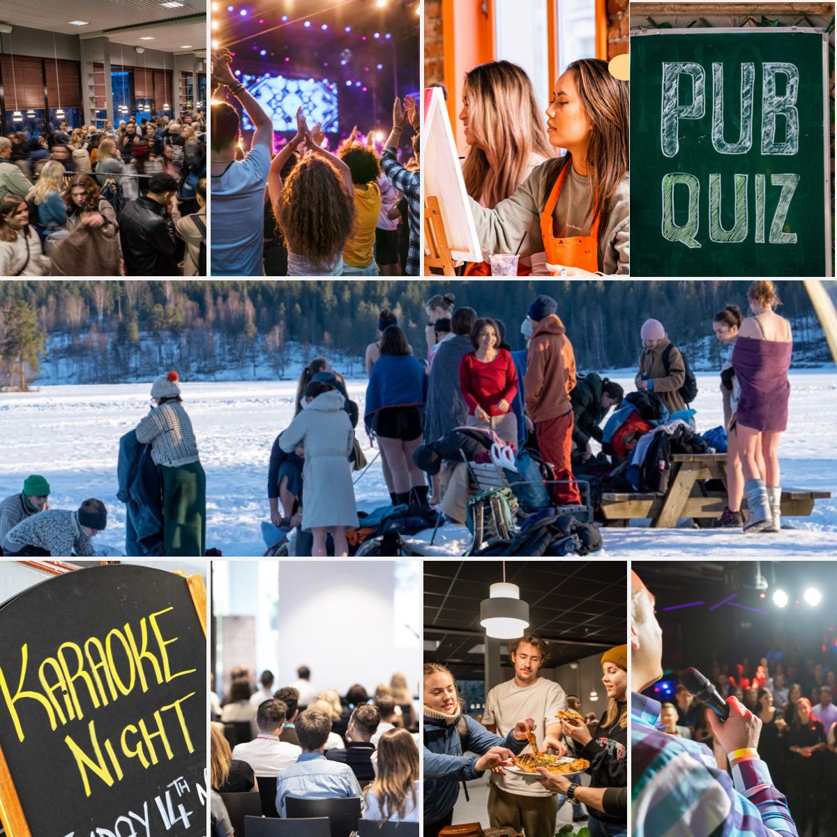 Bilder som viser eventkalender med glade studenter på konsert, malekurs, ute i naturen.