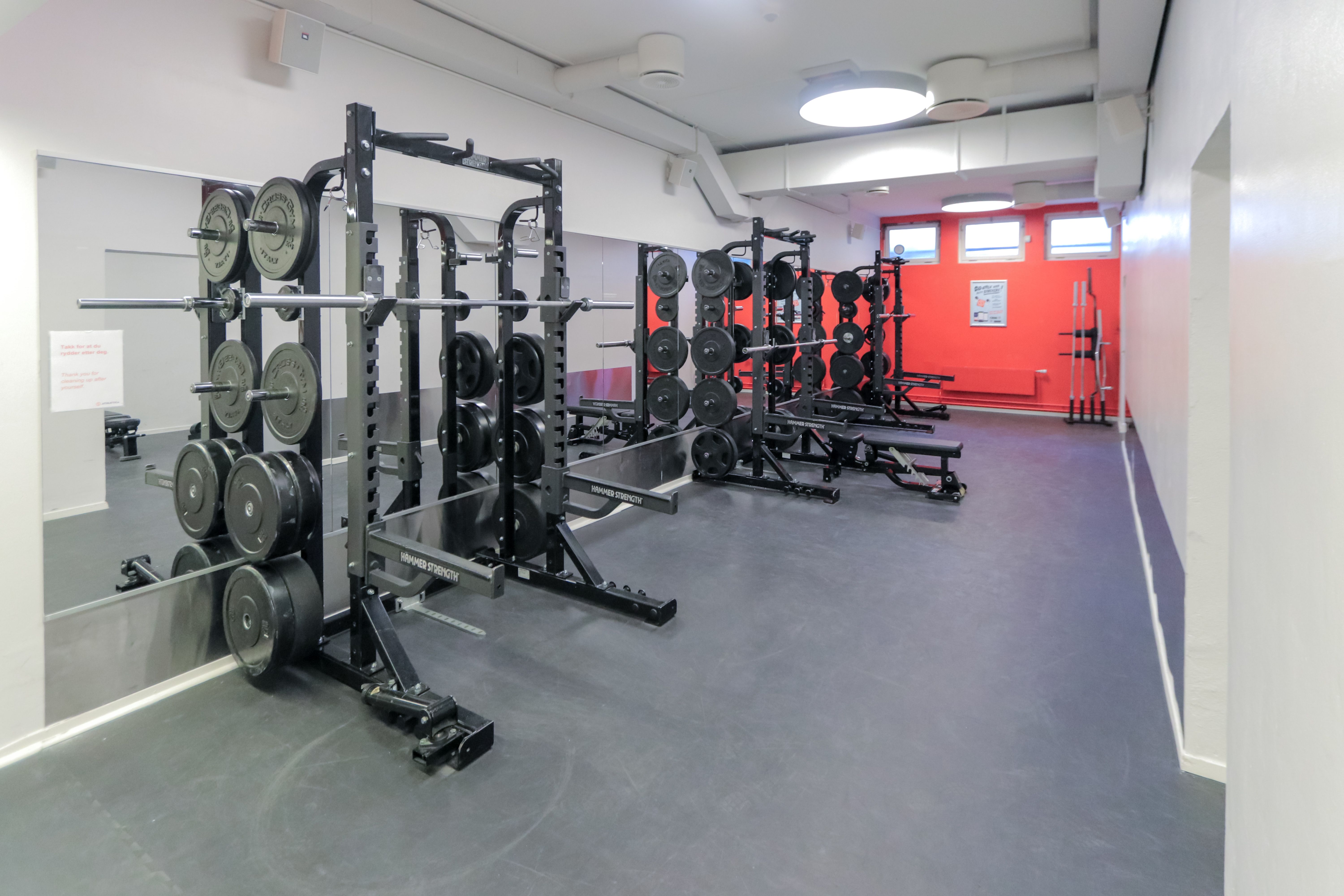 Knebøyracks med vektskiver og speil på Athletica Blindern.
